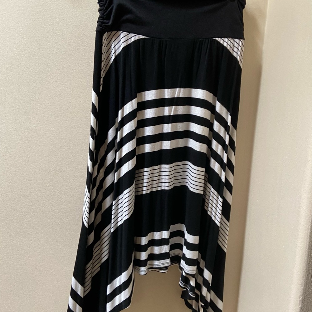 Black and white striped asymmetrical midi skirt